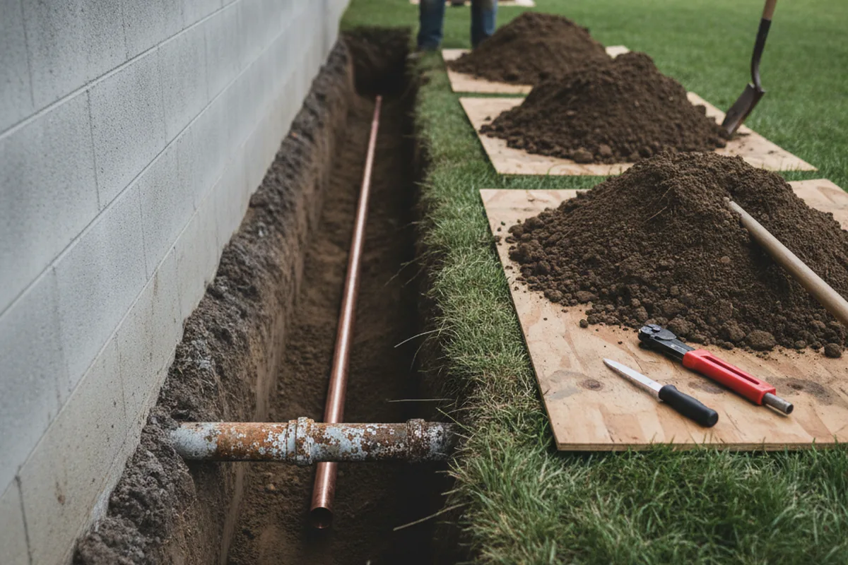 Excavated water line trench during Sewer Line Repair in Rosston